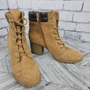 Sugar Womens Tan Lace-Up Block Heel Ankle Boots Size 9M
